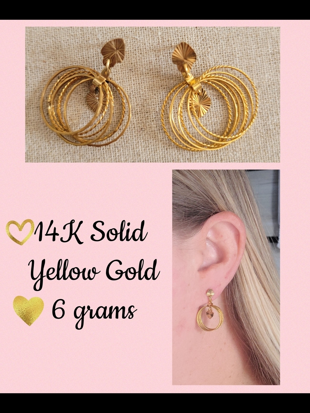 14K Solid Yellow Gold Diamond Cut Heart Hoop Circle Rings Drop Earrings 6g MINT